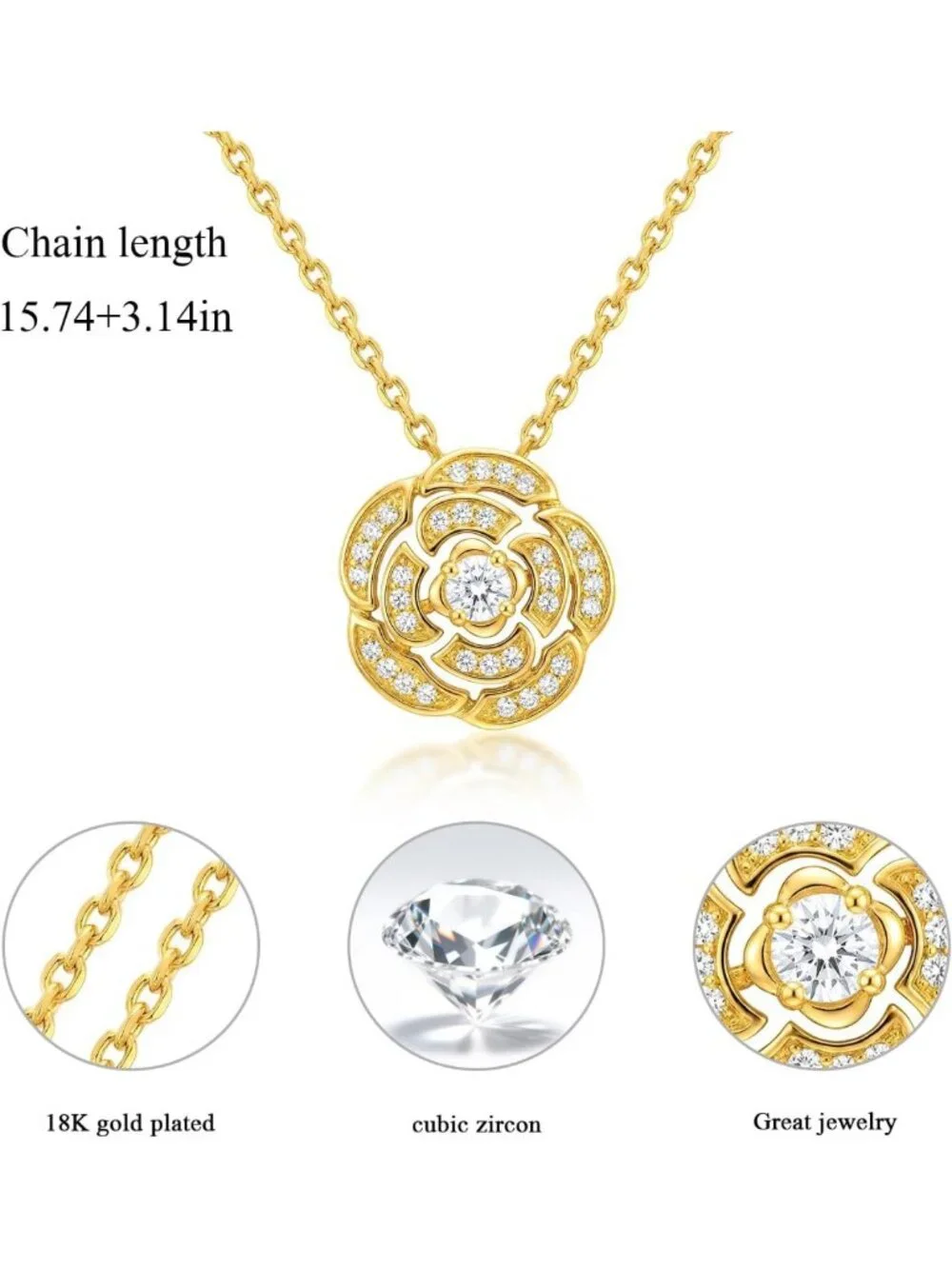 Elegant 18K Gold Plated Necklace with Cubic Zirconia Pendant - Adjustable